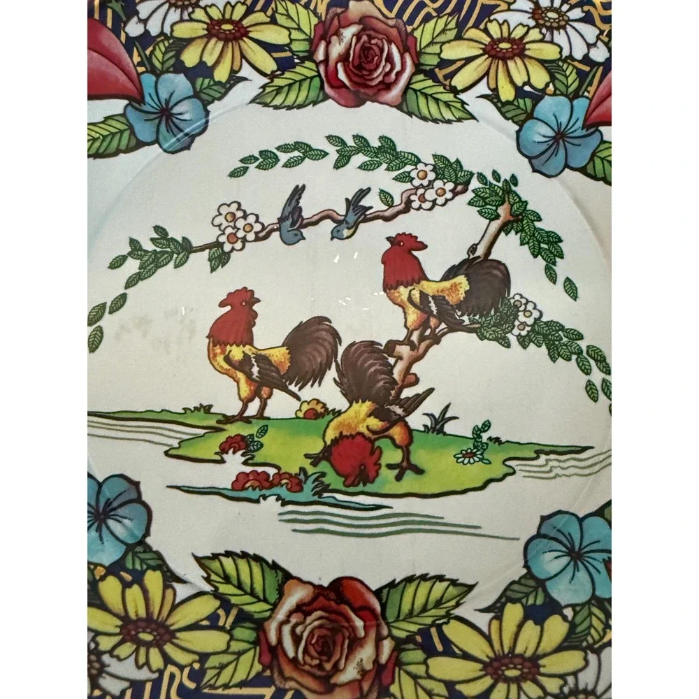 Vintage Action Industries Brazil‎ Rooster Floral Tin Plates 9 in Lot-2 Farmhouse